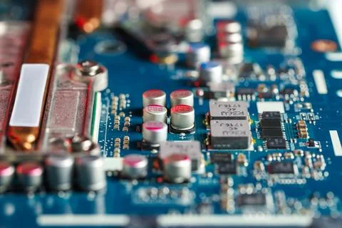 Computer motherboard as background, closeup. Electronic engineering 스톡 사진