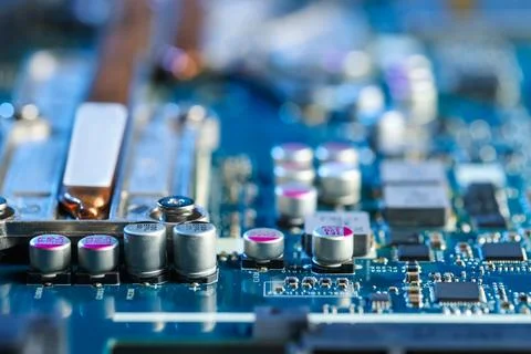 Computer motherboard as background, closeup. Electronic engineering Foto stock