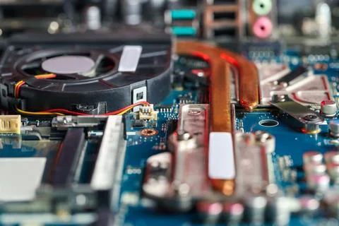 Computer motherboard as background, closeup. Electronic engineering Stock Photos