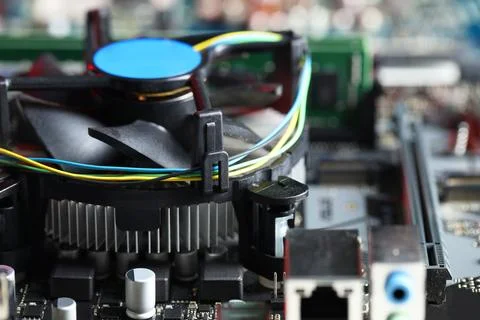 Computer motherboard as background, closeup. Electronic engineering 스톡 사진