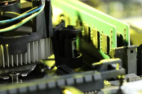 Computer motherboard as background, closeup. Electronic engineering Stock Photos