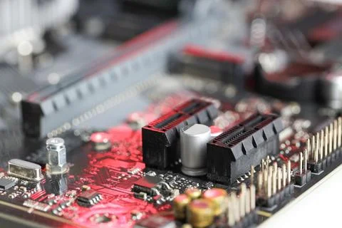 Computer motherboard as background, closeup. Electronic engineering Foto stock