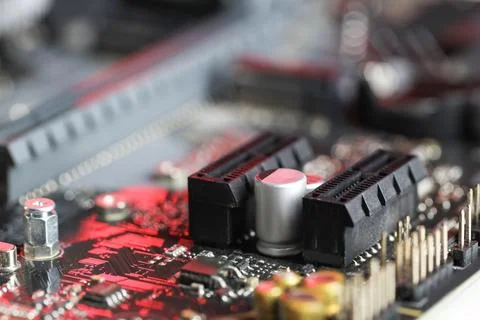 Computer motherboard as background, closeup. Electronic engineering 스톡 사진