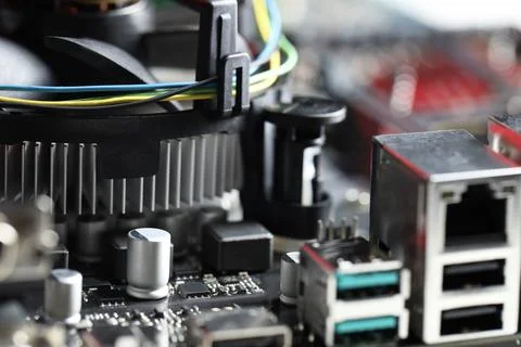 Computer motherboard as background, closeup. Electronic engineering 스톡 사진