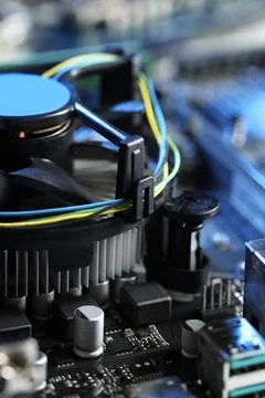 Computer motherboard as background, closeup. Electronic engineering Stock Photos