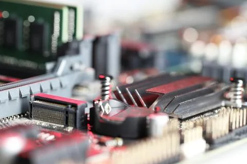 Computer motherboard as background, closeup. Electronic engineering 스톡 사진