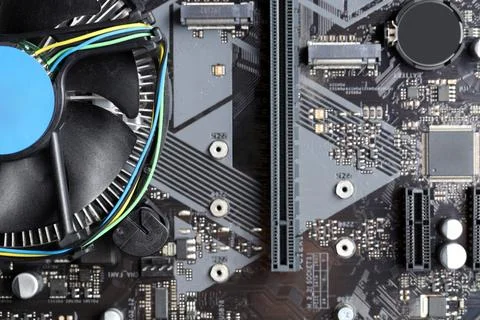 Computer motherboard as background, top view. Electronic engineering 스톡 사진