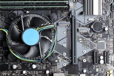 Computer motherboard as background, top view. Electronic engineering 스톡 사진