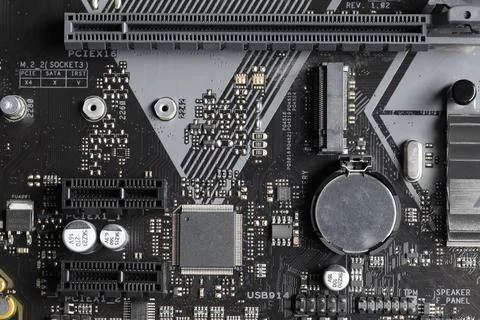 Computer motherboard as background, top view. Electronic engineering 스톡 사진