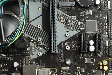 Computer motherboard as background, top view. Electronic engineering Foto stock
