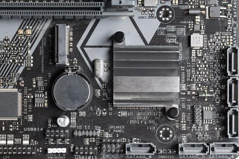 Computer motherboard as background, top view. Electronic engineering Foto stock