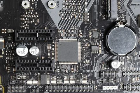 Computer motherboard as background, top view. Electronic engineering Foto stock