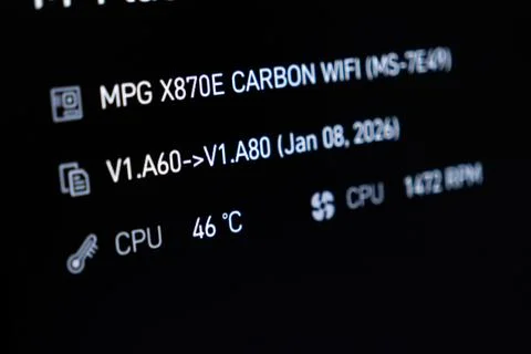 A computer motherboard BIOS diagnostic screen displays hardware temperature and Stock Photos
