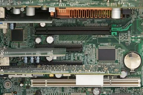 Computer Motherboard Circuits and Chips Up Close 库存照片