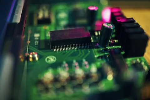 Computer motherboard, closeup and programming with microchip, innovation or it Foto stock