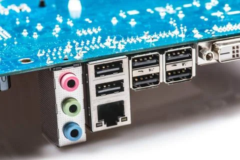 Computer motherboard closeup. Back panel part USB, Lan, Jack, HDMI. Part o... Stock-Fotos