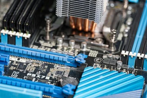 Computer motherboard component close-up and hardware details Stock Photos