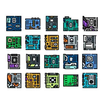 Computer motherboard components and electronic hardware collection イラスト素材