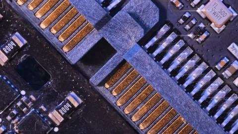 Computer motherboard components. Microchip and microprocessors, tracking shot Video stock 249053348