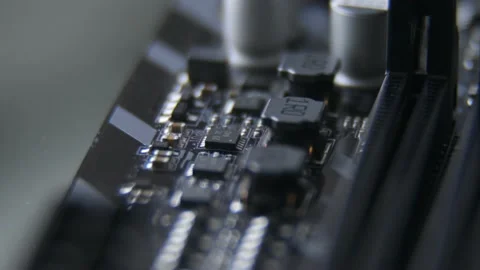 Computer Motherboard Components, Printed Circuit Board in Moving Macro Shot. Stock Footage 195155470