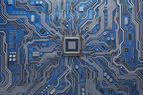 Computer motherboard with CPU. Circuit board system chip with core processor. 스톡 일러스트