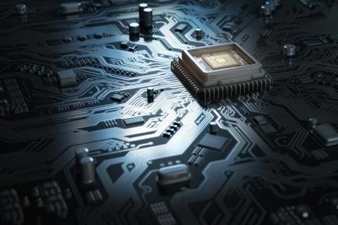 Computer motherboard with CPU. Circuit board system chip with core processor. 스톡 일러스트
