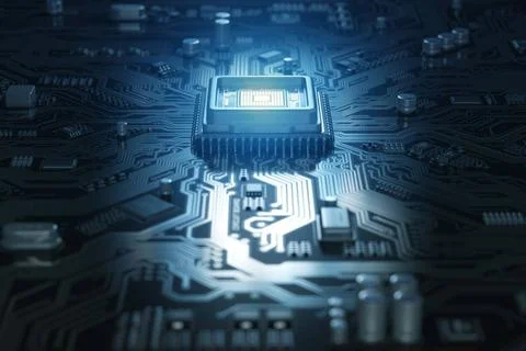 Computer motherboard with CPU. Circuit board system chip with core process... Foto stock