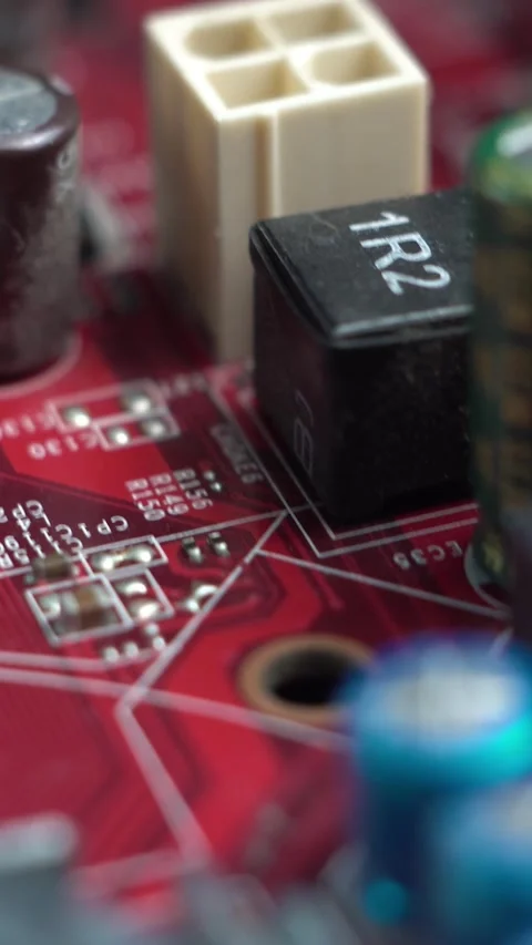 Computer Motherboard Electronic Components and Board, Vertical Macro Close Up Stock Footage 328395074