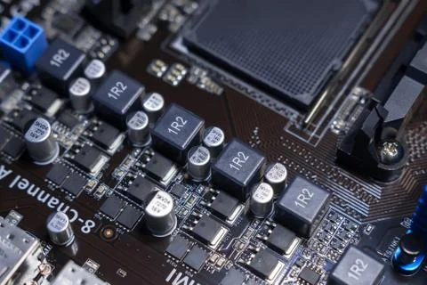 Computer motherboard with elements close-up 库存照片