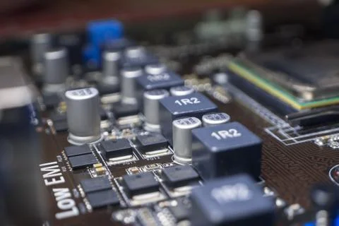 Computer motherboard with elements close-up 库存照片