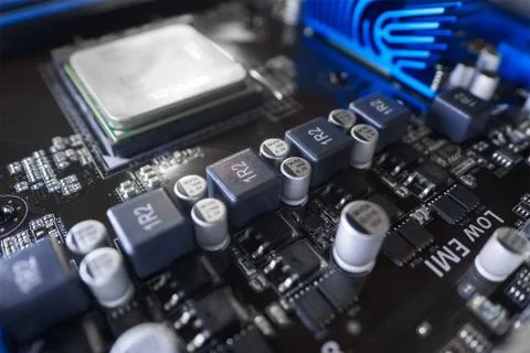 Computer motherboard with elements close-up Stock Photos