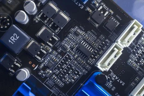 Computer motherboard with elements close-up Stock Photos