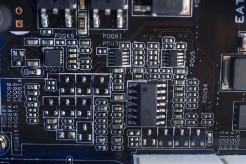 Computer motherboard with elements close-up 库存照片