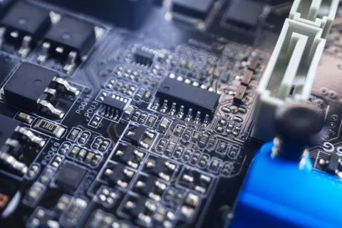 Computer motherboard with elements close-up Foto stock