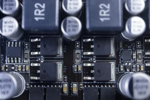 Computer motherboard with elements close-up 库存照片