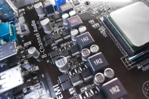 Computer motherboard with elements close-up Stock Photos