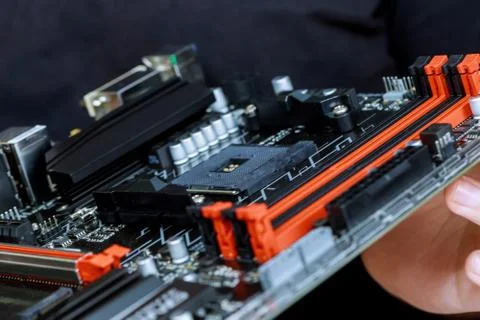 Computer motherboard with elements close-up 스톡 사진