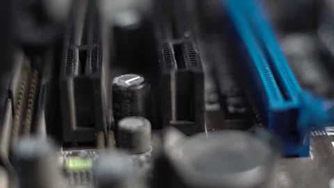 Computer Motherboard Macro Close Up, PCI Slots and Electronic Components Stock Footage 325498624