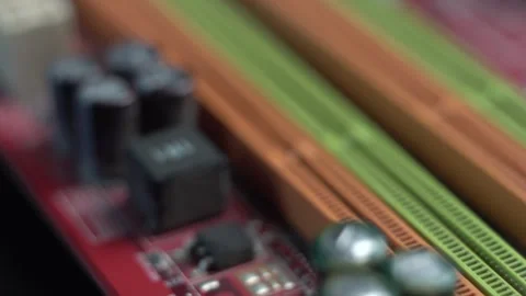 Computer Motherboard Macro Close Up, RAM Memory Slots and Electronic Components Stock Footage 325499705