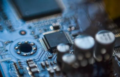 Computer motherboard micro chip circuit close up Stock Photos