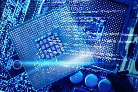 Computer motherboard with processor microchip as background, top view. Electr Stock Photos