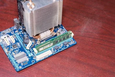 Computer motherboard, processor, RAM, Cpu cooler set Stock Photos