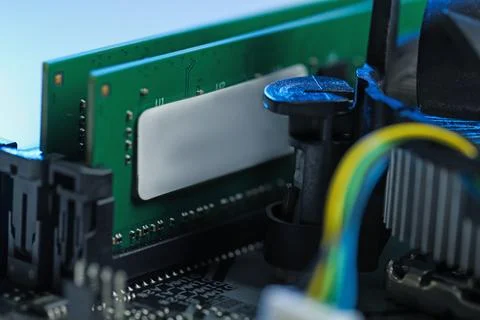Computer motherboard with RAM chip as background, closeup. Electronic engin.. Stock-Fotos