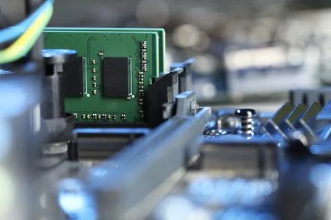 Computer motherboard with RAM chip as background, closeup. Electronic engin.. Stock-Fotos