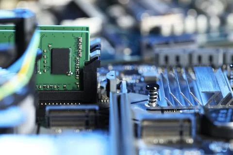 Computer motherboard with RAM chip as background, closeup. Electronic engin.. Stock-Fotos