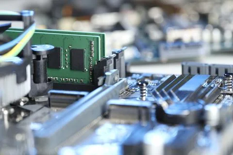 Computer motherboard with RAM chip as background, closeup. Electronic engin.. Stock-Fotos