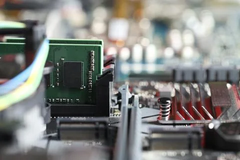 Computer motherboard with RAM chip as background, closeup. Electronic engin.. Stock-Fotos