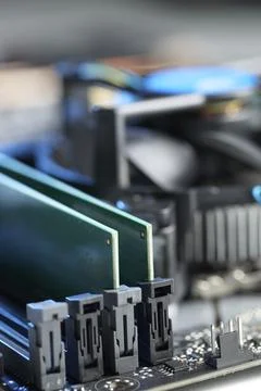 Computer motherboard with RAM chip as background, closeup. Electronic engin.. Stock-Fotos