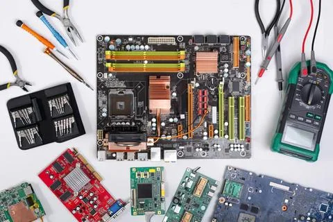 Computer motherboard with various electronic components and tools Stock Photos