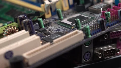 Computer Motherboards, Electronic Components, PCI Slots and External Connectors Stock Footage 325933989